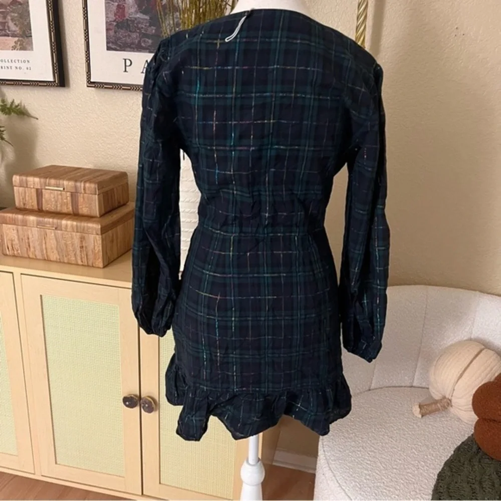 LOVERS + FRIENDS Green Plaid Ruffle Ruched Detail Nanette Mini Dress Size M NWOT
